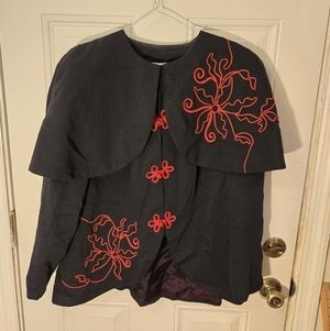 Vintage Nicole Studio New York Blazer Top One Size Black With Red Floral Pattern